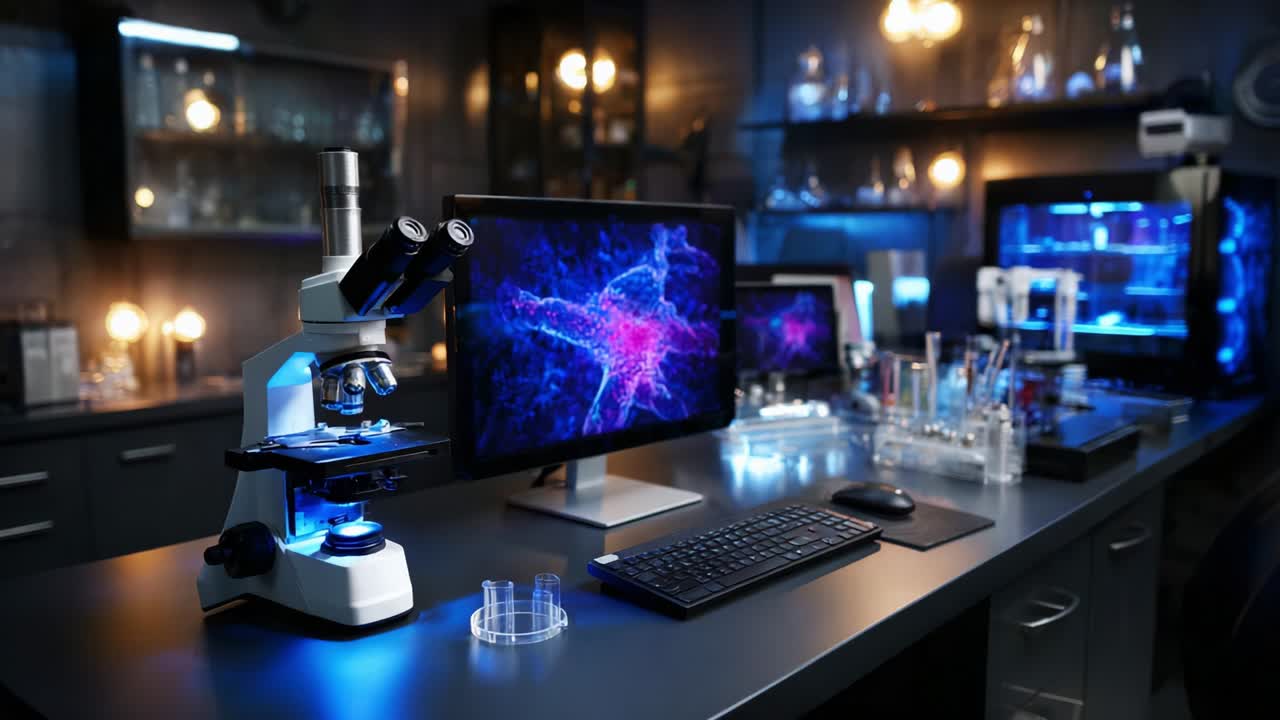 A High-Tech Laboratory Setting Featuring Advanced Equipment, Including a Microscope and Multiple Digital Displays Showcasing Vibrant Scientific Visualizations of Cellular Structures and Microbial Life Forms in a Modern Environment