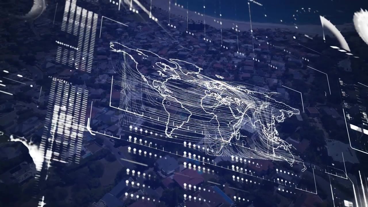 Animation of financial data processing and world map over cityscape