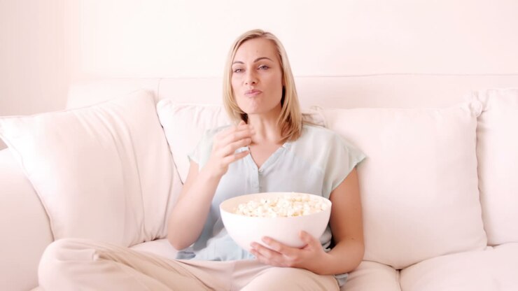 Donna bionda seduta su un divano che mangia popcorn