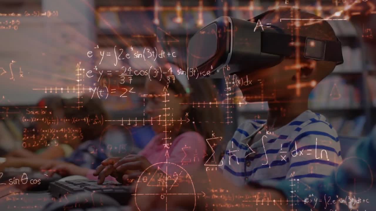 vr 헤드 ⁇ 을 착용한 학교 학생들에 대한 수학 방정식의 애니메이션