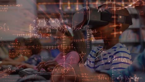 animation of mathematical equations over schoolchildren wearing vr headset
