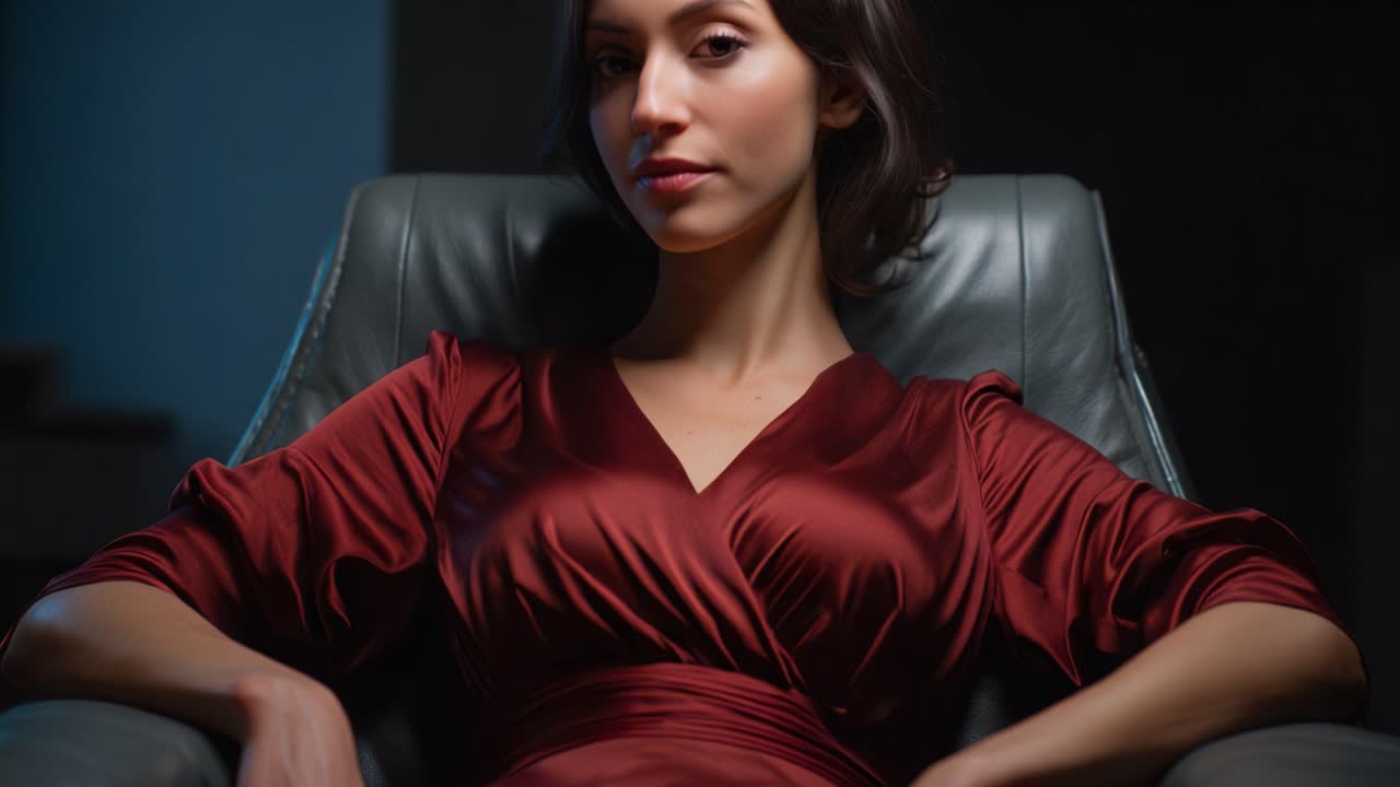 A Confident Woman in a Stylish Burgundy Dress Relaxing in a Modern Chair, Bathed in Soft Light, Exuding Poise and Elegance in a Tranquil Atmosphere
