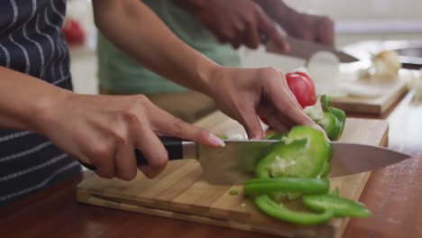 Hands-of-biracial-couple-cooking-together,-cutting-vegetables