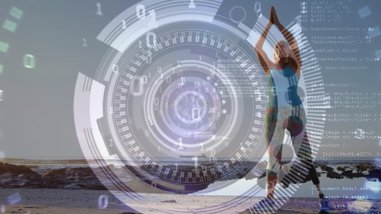해변에서 인공 팔다리를 가진 여성을 스캔하는 스 스캔의 애니메이션