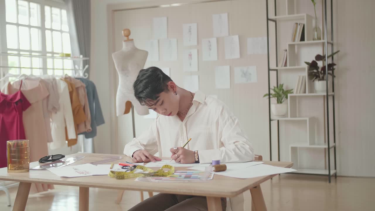 若いアジア人男性ファッションデザイナーが服飾の鉛筆スケッチを描く