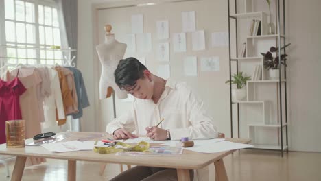 young asian male fashion designer drawing pencil sketches of clothing