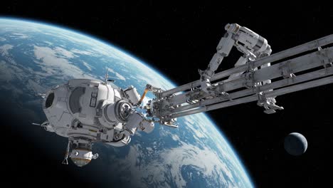 an advanced spacecraft operates in low earth orbit while using a robotic arm for maintenance or research activities on a mission beyond the atmosphere