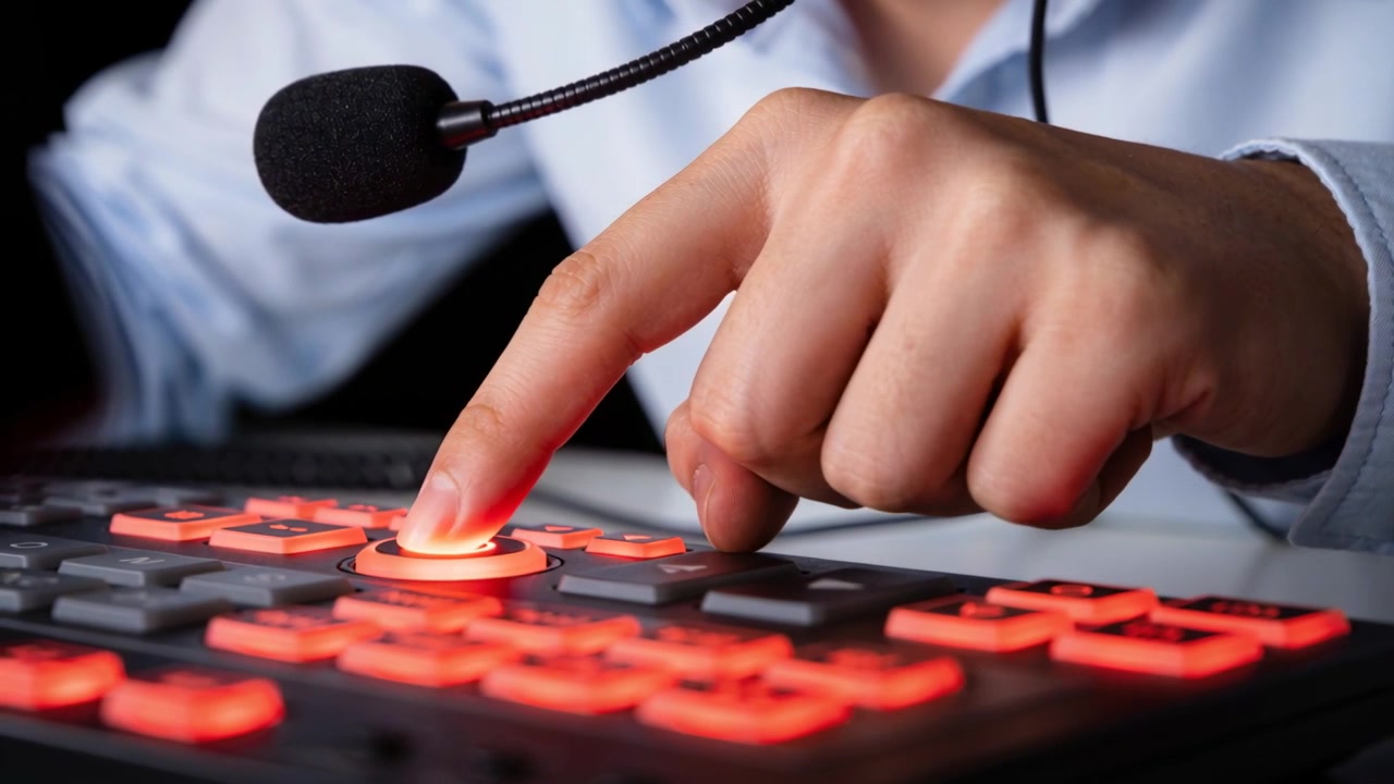 Hovering pressing right forearm in blue sleeve on central lit button of console mic for broadcast