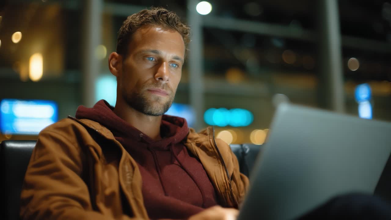 Focused individual working intently on a laptop in a modern airport lounge, illuminated by soft glow from screens and ambient lighting in the background