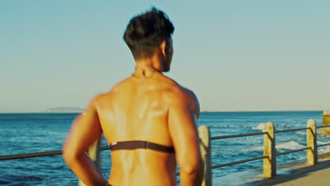 beach fitness, runner and man by the sea in summer