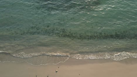 Luftaufnahme-Von-Oben,-Mittellangsamer-Trucking-Rechtsschuss-Des-Ozeans-Mit-Kleiner-Tropischer-Wellenpause-An-Einem-Strand