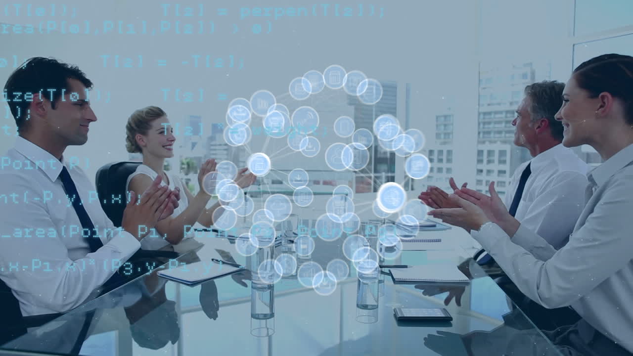 다양한 사업가들이 사무실에서 함께 박수를 치는 디지털 아이콘의 지구의 애니메이션