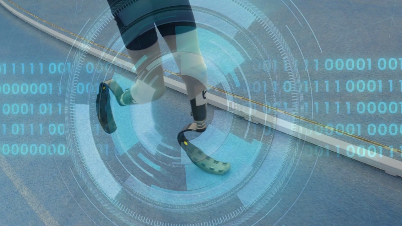 First step activating HUD, teen athlete moving left-to-right with carbon blades analyzing gait