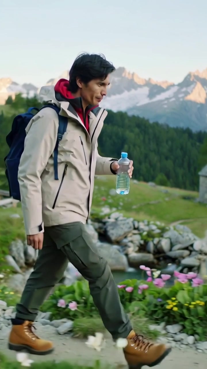 Video verticale: Uomo che si ferma a bere da una bottiglia d'acqua, concludendo un sentiero escursionistico con uno zaino, spazio per il testo.