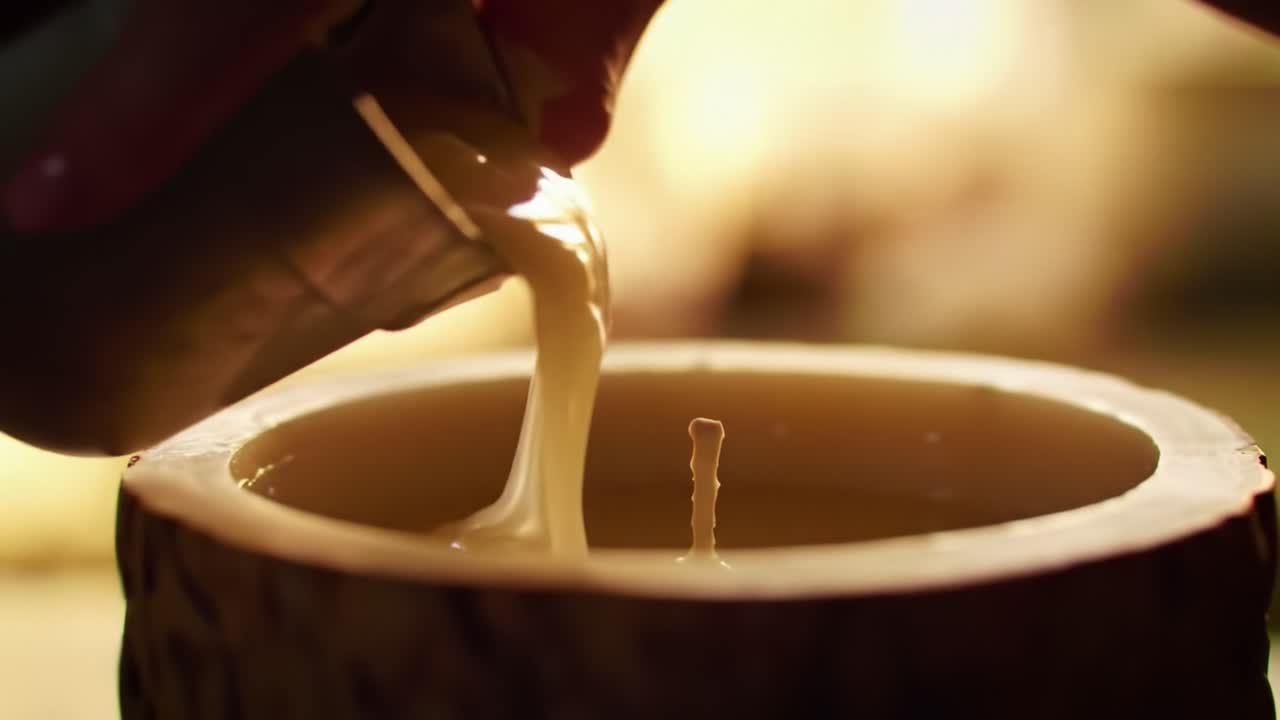 Crafting a Candle: A Step-by-Step Process of Pouring Wax into a Natural Wooden Mold with Precision and Care to Create a Unique, Handmade Candle Experience