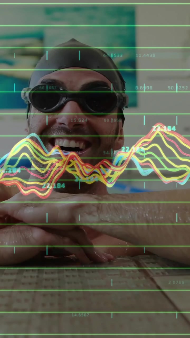 Swimmer resting at pool edge with financial data animation over scene