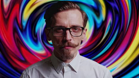 man with mustache and glasses against a colorful background