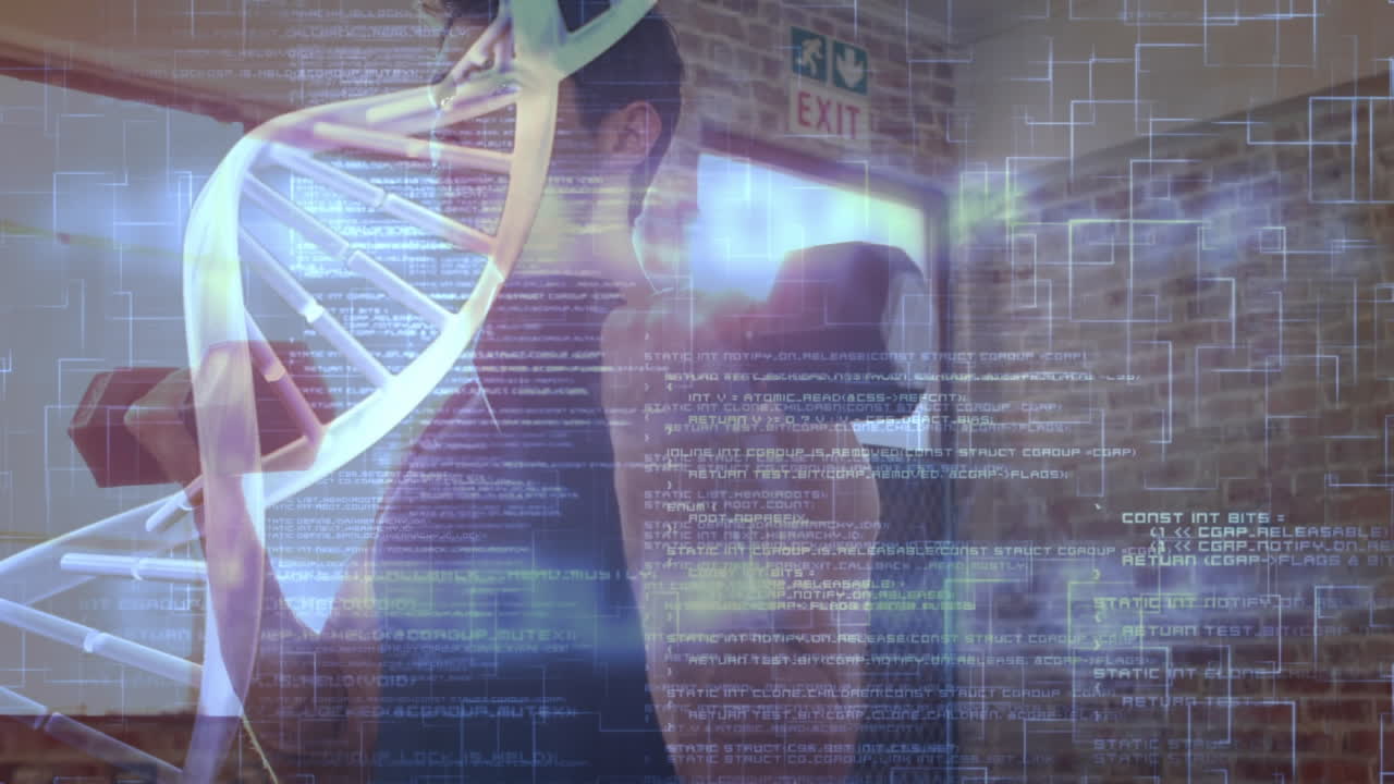 procesamiento de datos médicos contra un hombre en forma caucásico que realiza rizos de bíceps con pesas en el gimnasio