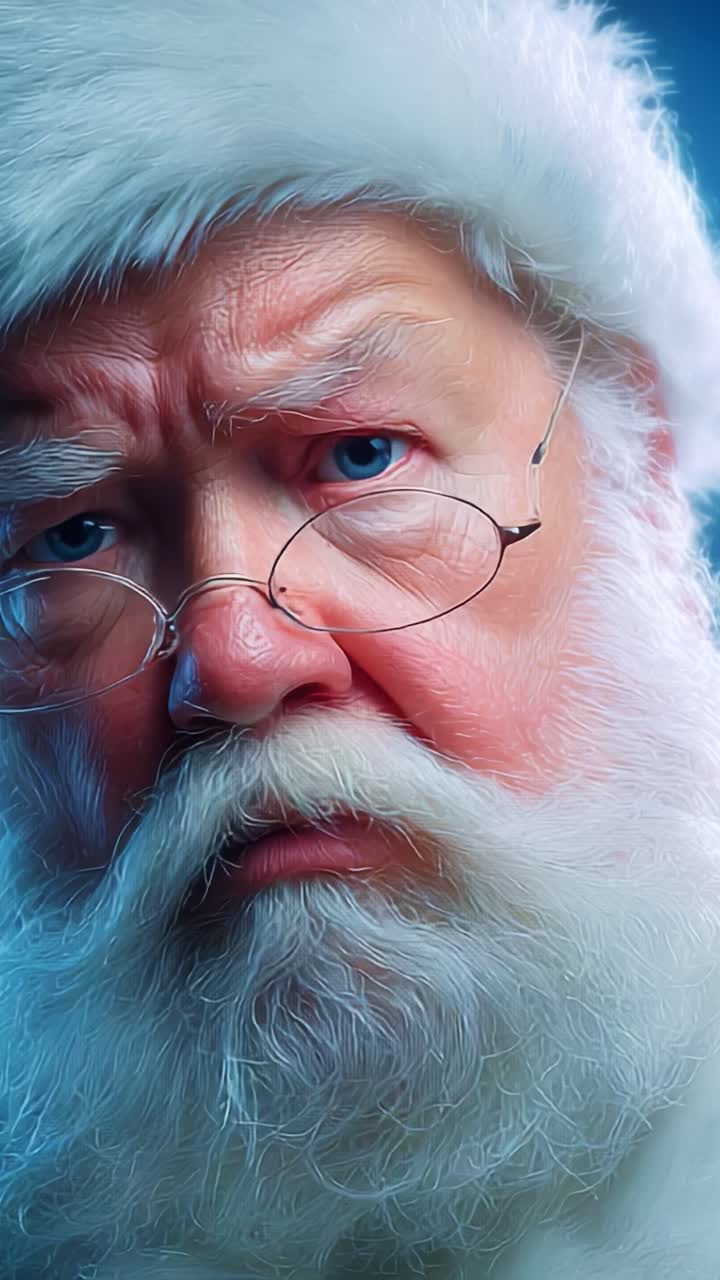 An Intense Winter Gaze: Capturing the Intricate Expressions of a Wise Old Man with a White Beard and Round Glasses, Dressed in Iconic Seasonal Attire, Perfectly Embodying the Spirit of the Holiday Season