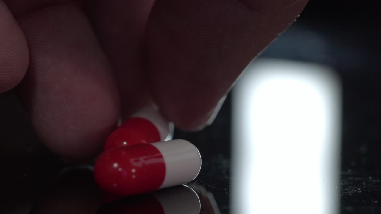 Close up of human hand leaving a red and white capsule on reflective black surface, studio shot