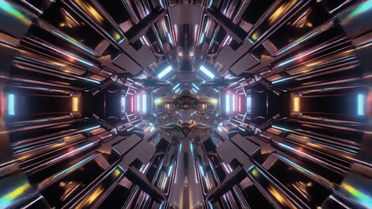 Futuristic Spaceship Flying Through a Metallic Geometric Tunnel