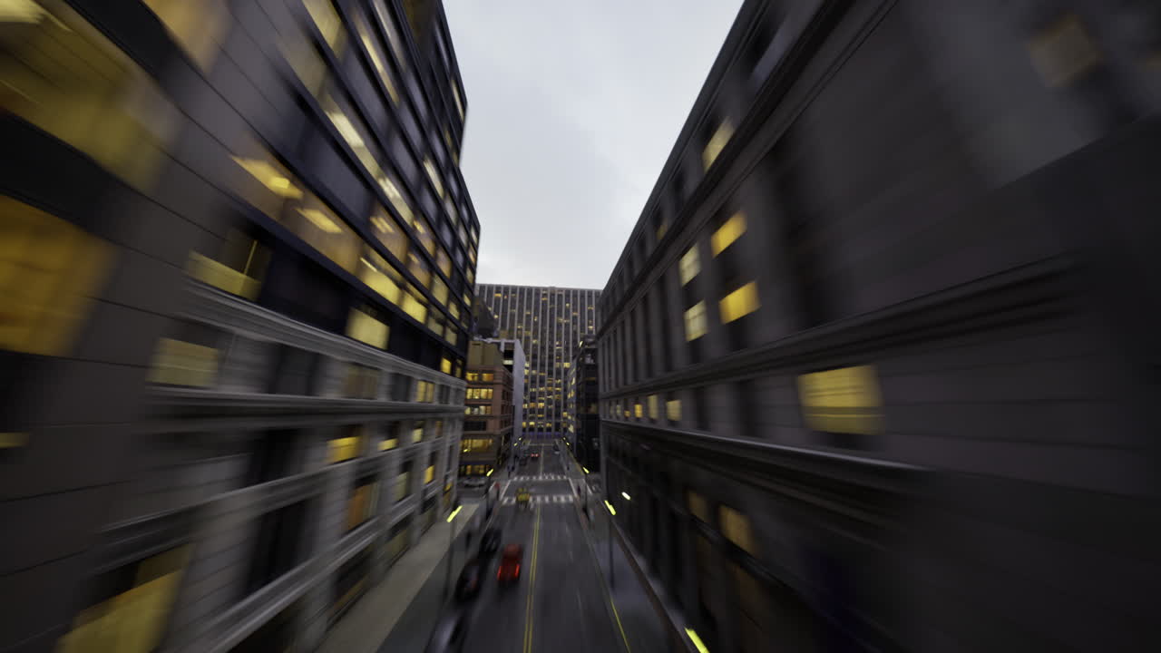 City street viewed from above at sunset showcasing modern architecture