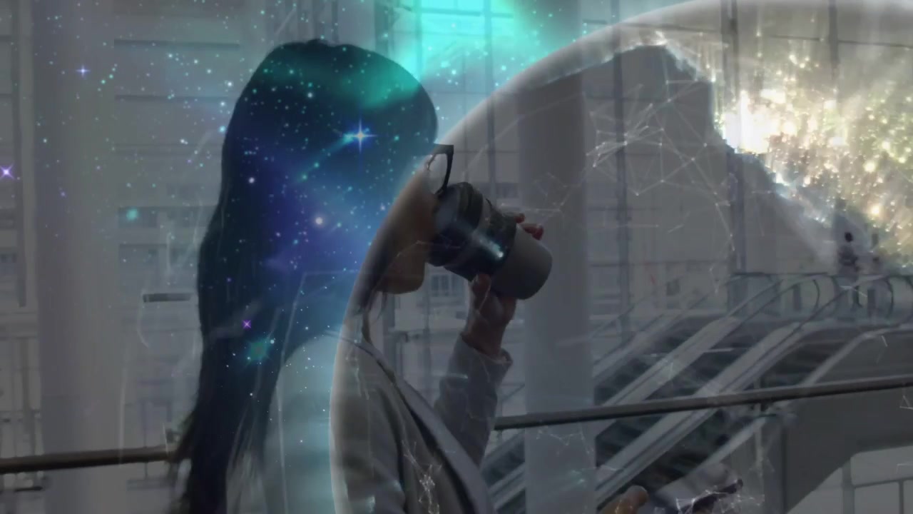 Woman commuting with cup and checking phone at railing, tapping phone making tech aurora globe