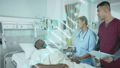 animación de cadena de adn sobre diversos médicos y pacientes en el hospital
