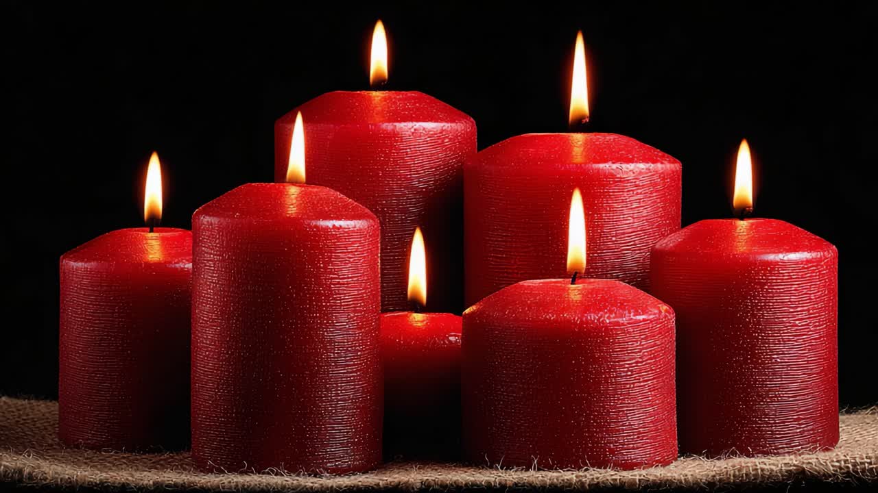 Disposizione di candele rosse incandescenti che illuminano uno sfondo scuro, catturando l'essenza di calore e serenità in un allestimento semplice ma elegante