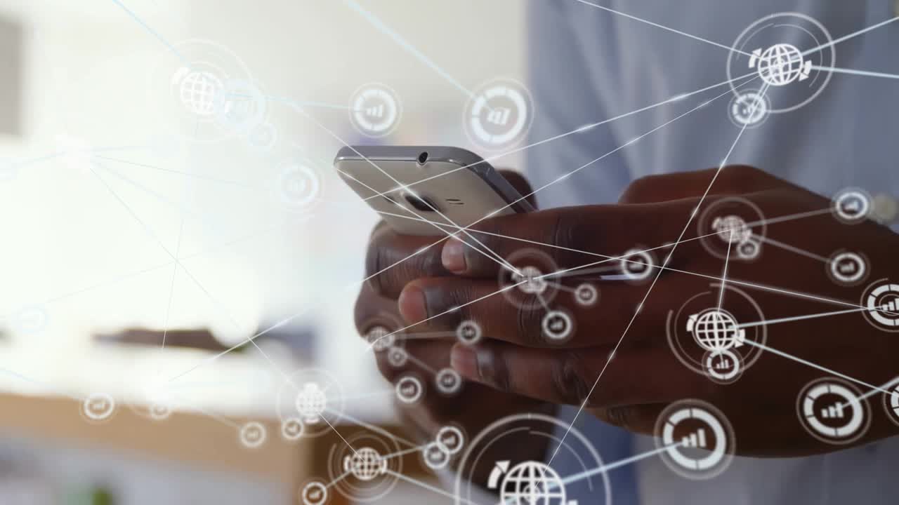 Animation of network of connections with icons over african american man using smartphone
