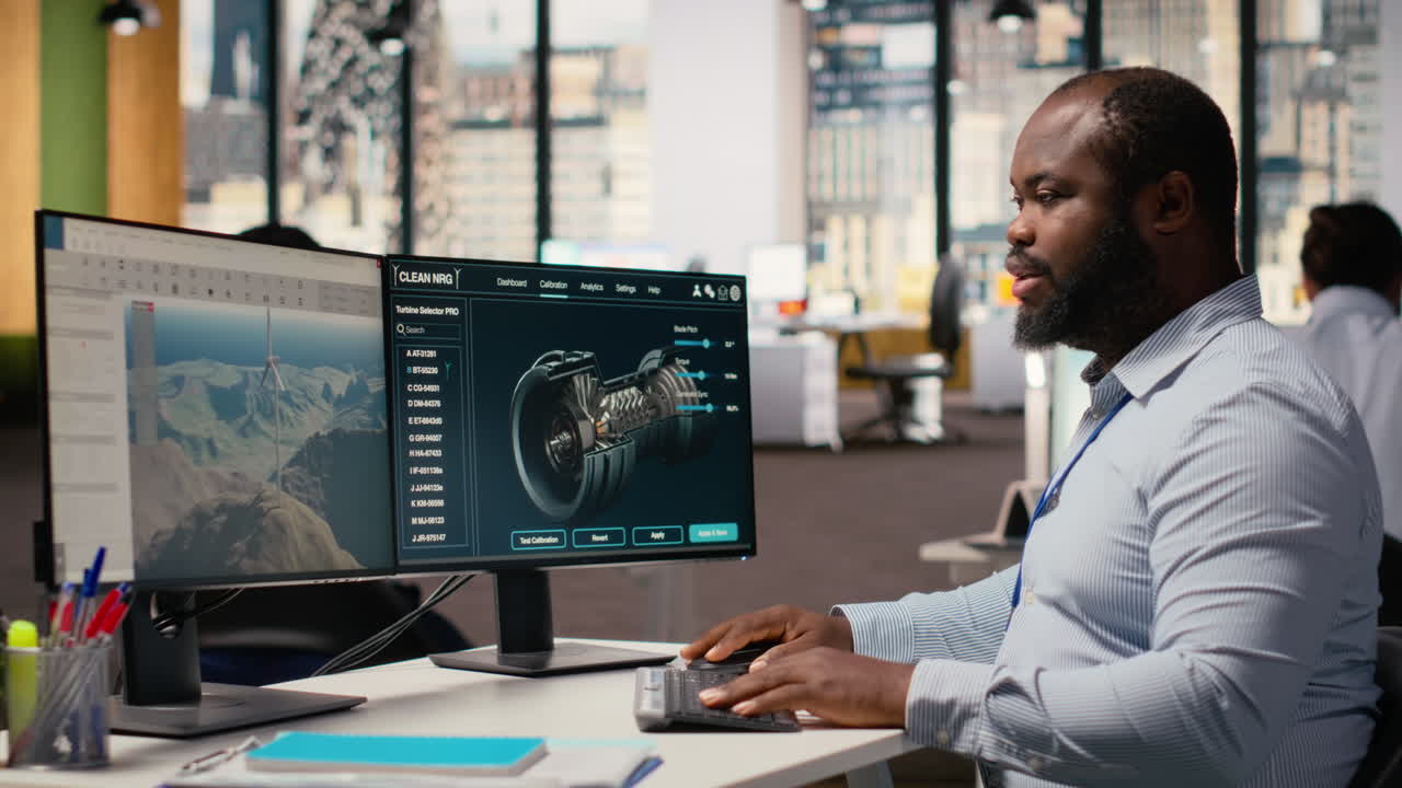 Technician Using Cad Software To Optimize Wind Turbine Blade Aerodynamics