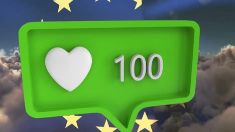 Animation-of-heart-icon-with-numbers-on-speech-bubble-with-european-union-flag