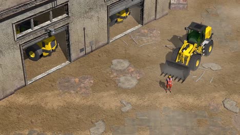 animated video of jcb and worker standing in the construction site and trucks are parked near them