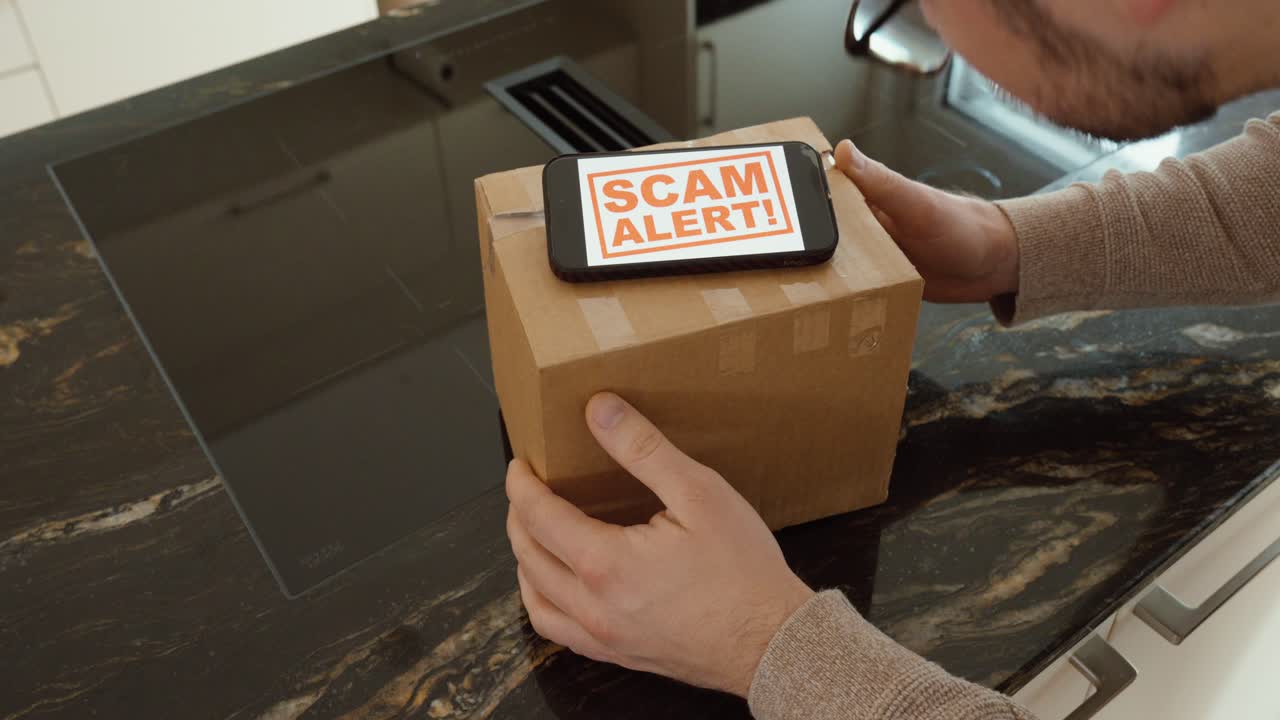 Hands cautiously examine a delivered cardboard parcel on a kitchen counter while a device displays “SCAM ALERT.” Ideal for concepts like delivery fraud, fake shipments, online shopping scams, consumer