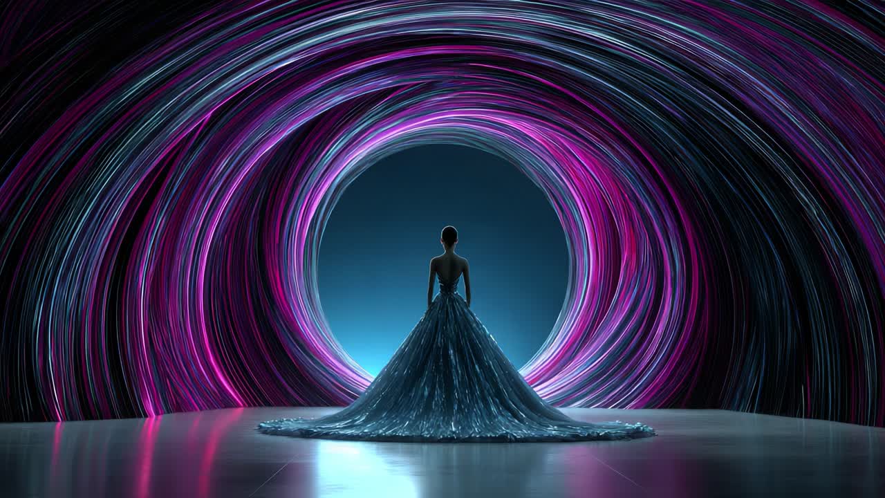 A stunning silhouette of a figure in an elaborate gown stands in front of a mesmerizing swirl of colorful lights, creating a captivating visual experience that draws in the viewer