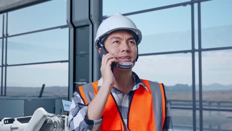 close up of asian male engineer with safety helmet standing in high tech factory, analyzing robotic machine concept. talking on smartphone and looking around