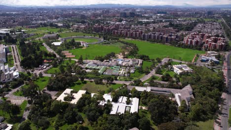 drone shot of teusaquillo neighborhood of bogota colombia, university campus park and apartment buildings