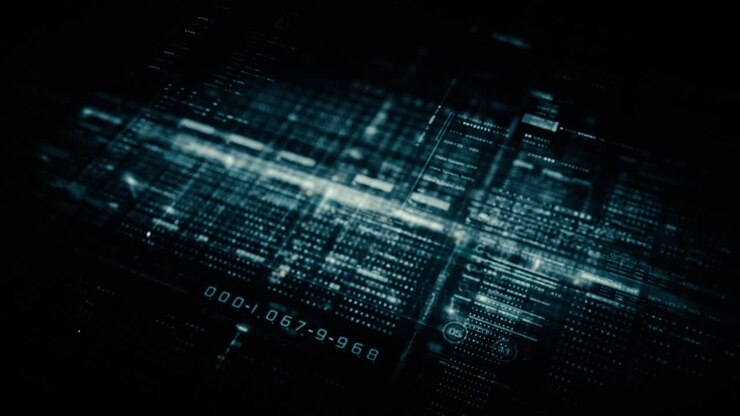 Advance data matrix, telemetry and encrypt numbers simulation user interface display in cyber space abstract de-focus environment background