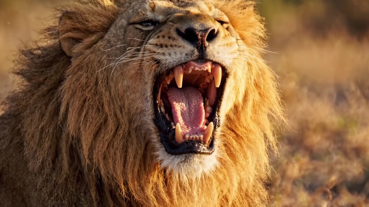 Singa Megah: Close-Up Memukau Singa Agung dalam Cahaya Keemasan Sabana Afrika, Memancarkan Kekuatan dan Keanggunan dengan Kehadiran yang Menggugah di Tengah Habitat Alami.