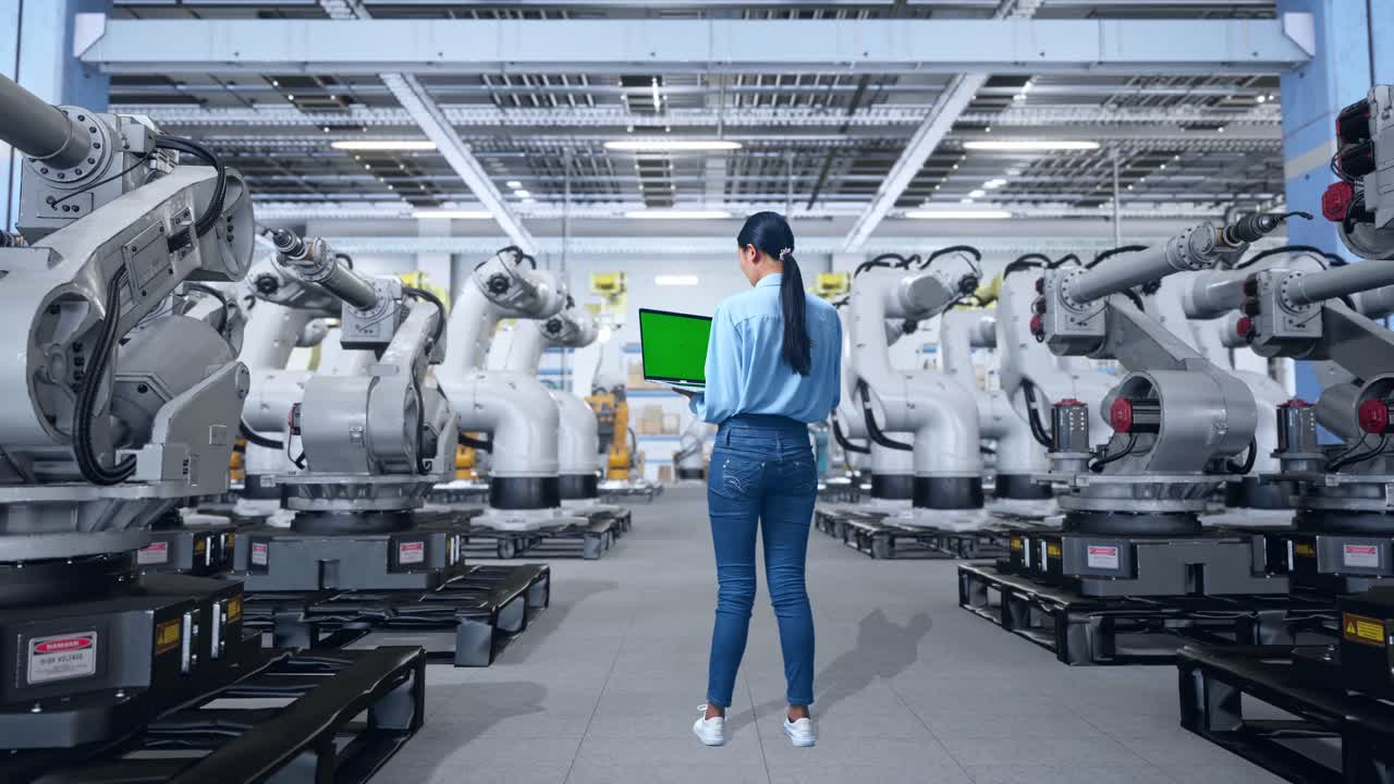 ingeniero de monitoreo de robots en una fábrica moderna