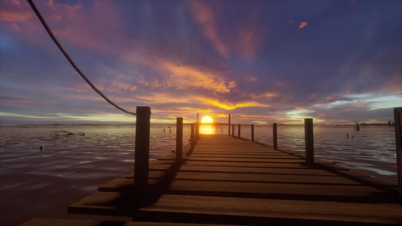 Dermaga kayu membentang ke danau saat matahari terbenam dengan langit penuh warna.