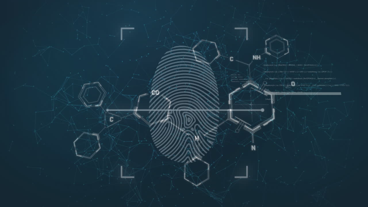 animación de estructuras químicas, huellas dactilares biométricas, procesamiento de datos sobre un fondo azul