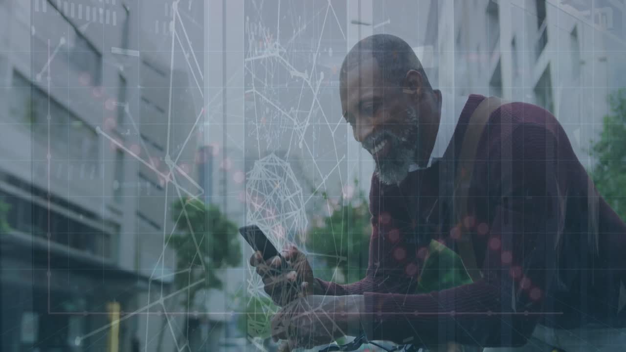 Animation of plexus networks over african american man with bicycle using smartphone on street