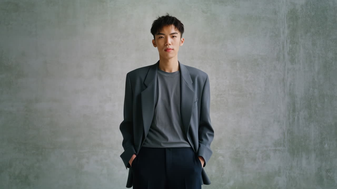 Portrait of Young Man in Grey Blazer Against Concrete Wall