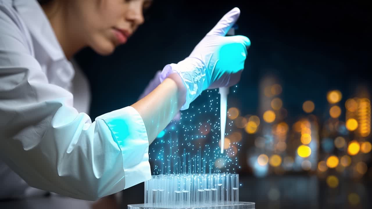 デジタルエフェクトが施され、科学者が試験管を精密に扱う革新的な研究室の風景。最先端の研究および実験技術が表現されています。