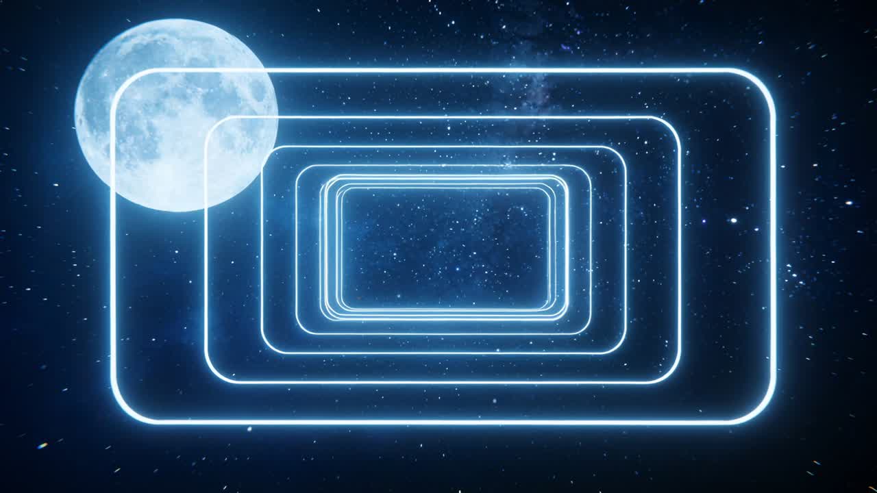 Rettangoli concentrici al neon pulsanti che formano un tunnel, loop che inizia nello spazio, scena rilassante con luna piena.