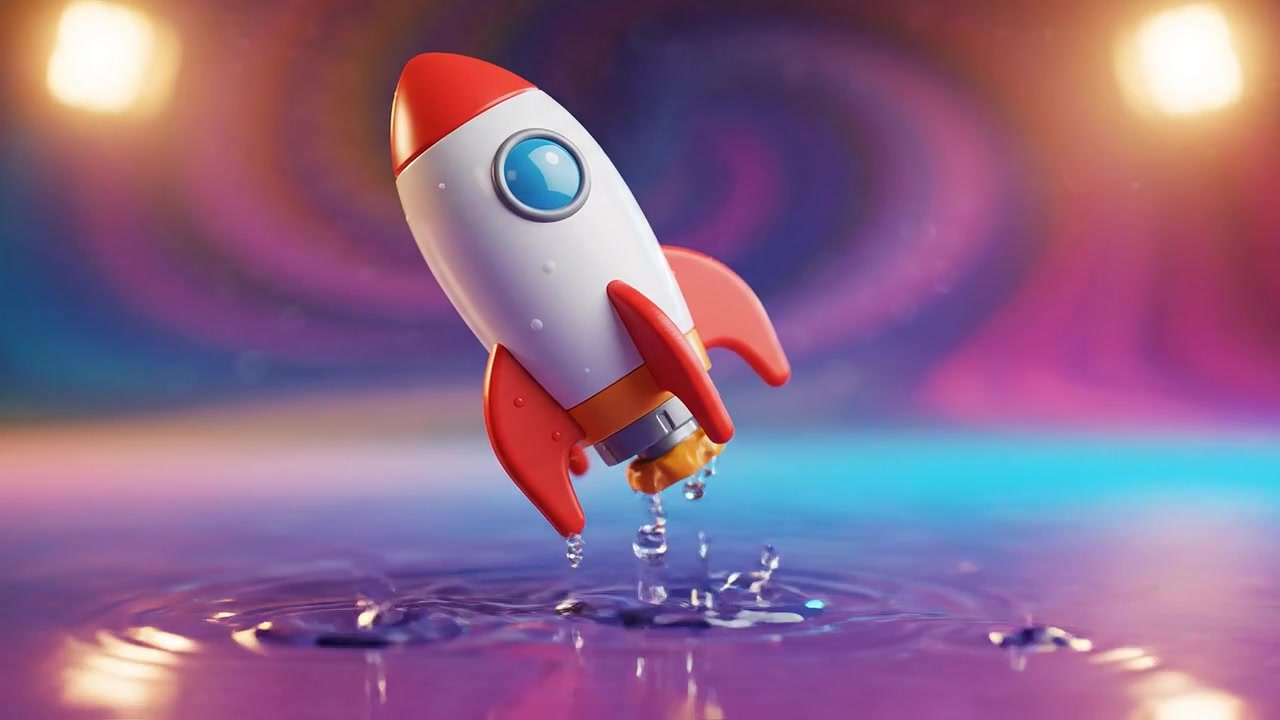 A Vibrantly Colored Cartoon Rocket Flying Through a Dreamy Background, Emitting a Sense of Adventure and Exploration in a Whimsical Animated Style