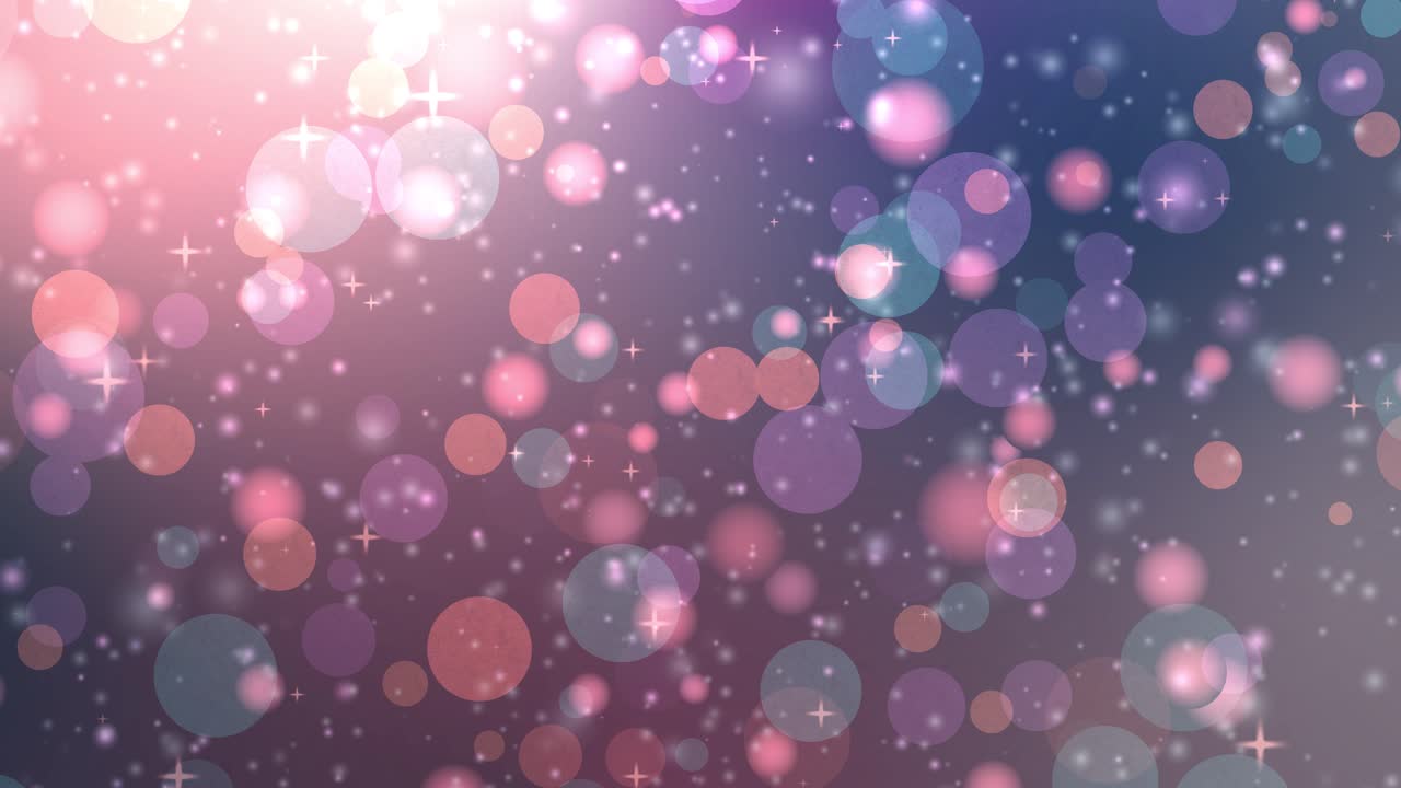Farverige bokeh-cirkler og funklende stjerner falder lodret mod en blød gradientbaggrund