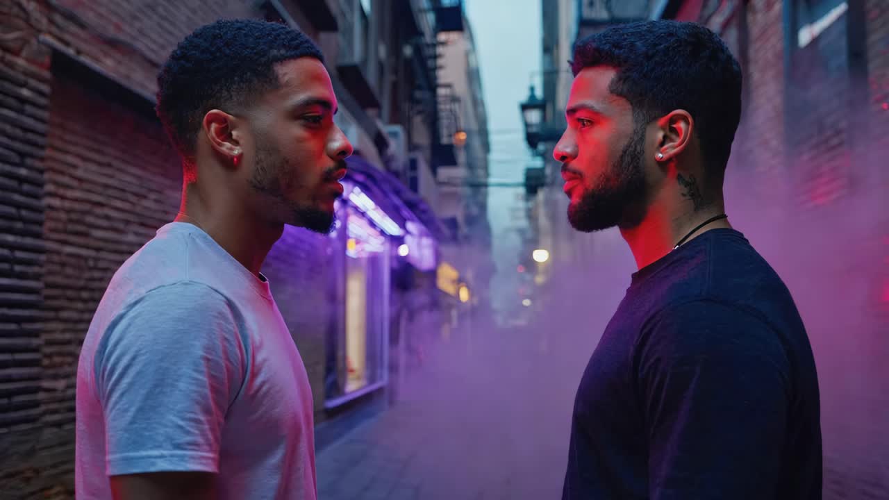 Two men facing each other in an urban alleyway