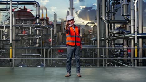 full body of asian male engineer with safety helmet disapproving with no index finger sign while standing in a refinery, oil processing equipment and machinery